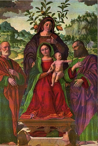 Madonna and child with Sainte Anne, Joseph and husband and wife Baughi as donors"