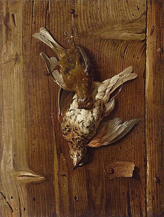 Trompe l'oeil with dead birds (thrush and fieldfare).